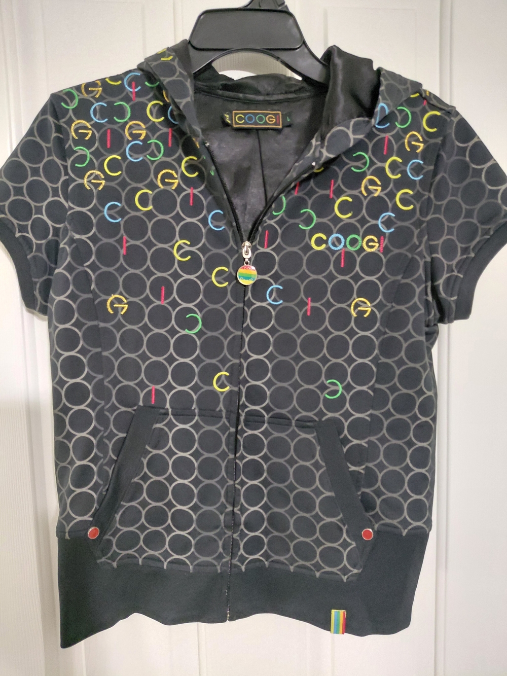 COOGI Womens Short-Sleeve Hoodie Jacket in Charcoal with Multicolor Accents